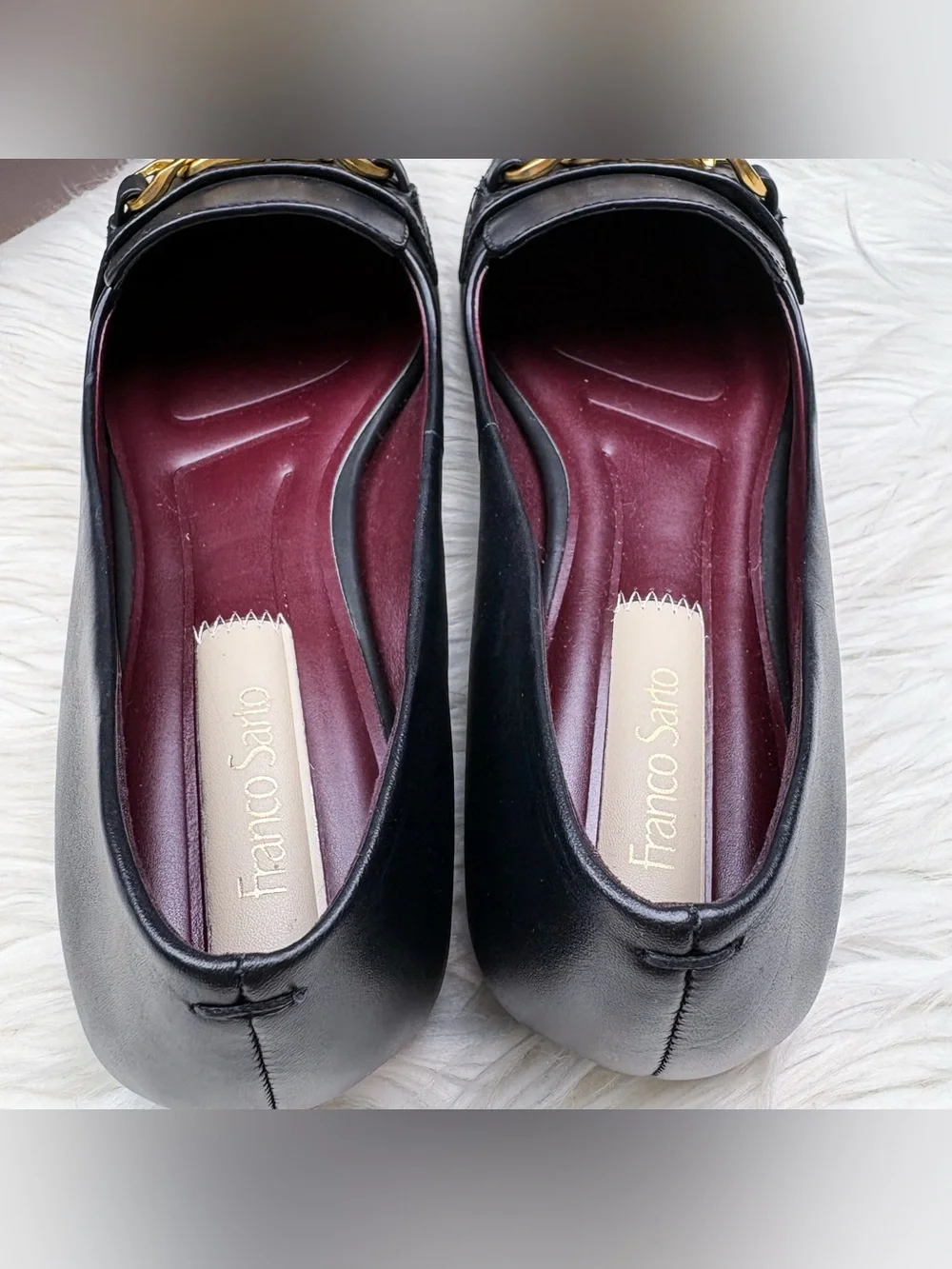 Franco Sarto Tiari Square Toe Loafer Flats Black Smooth Leather Gold Chain NEW 8